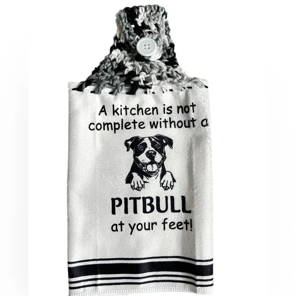 Hand Crafted Black and White Pitbull Themed Hanging Kitchen Hand Towel - Picture 5 of 6